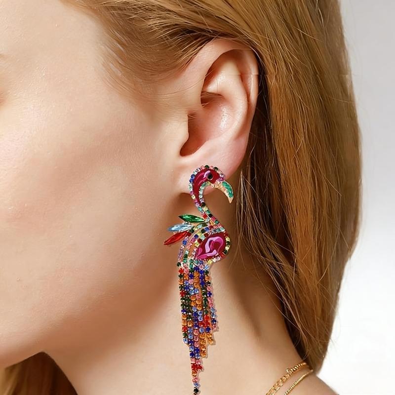 Colorful Rhinestone Flamingo Drop Earrings - Long Tassel Dangle Style - Cute & Sparkling Statement Fashion Jewelry for Women