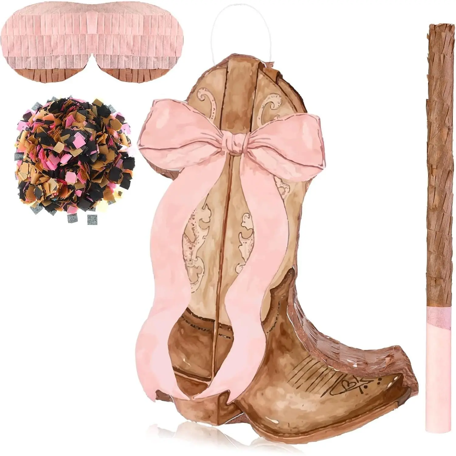 Cowgirls Boot Piñata Birthday Party Decorations Western Cowgirl Party Supplies with Blindfold Stick Confetti Photo Prop Candy Holder