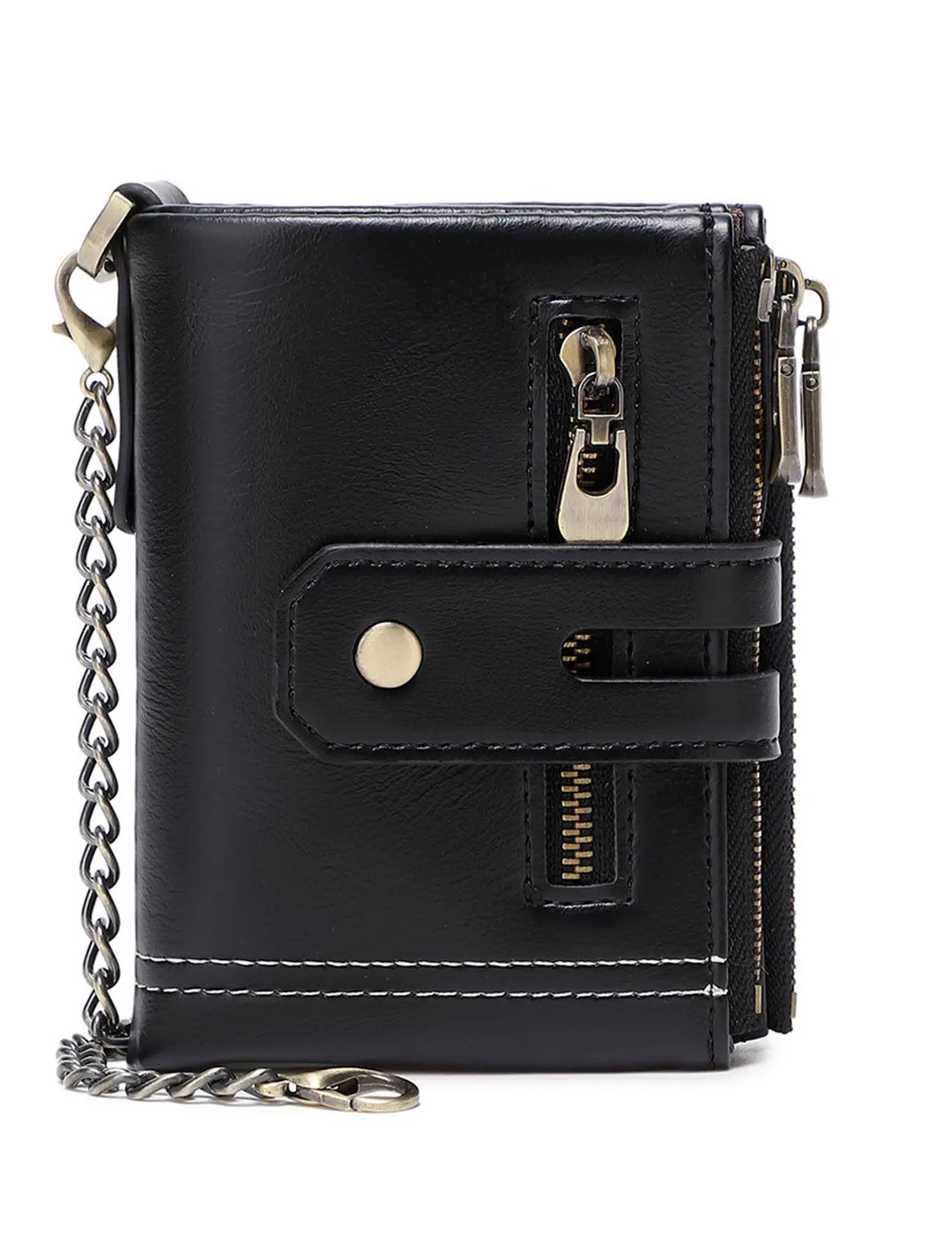 Mens Wallet with Chain PU Faux Leather Purse Bifold RFID Blocking Wallet | Double Zipper Coin Pocket with Anti-Theft Chain, ID Window for Biker, Motorcycle, Gift Box, Men Gift