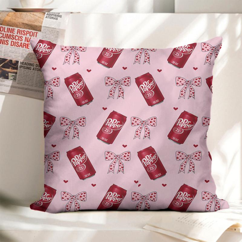 Dr Pepper Original Flavor Pink Bowswith Red Hearts  Throw Pillow Cover Single-sided printing Linen Material ,Bedroom Sofa Decorations.