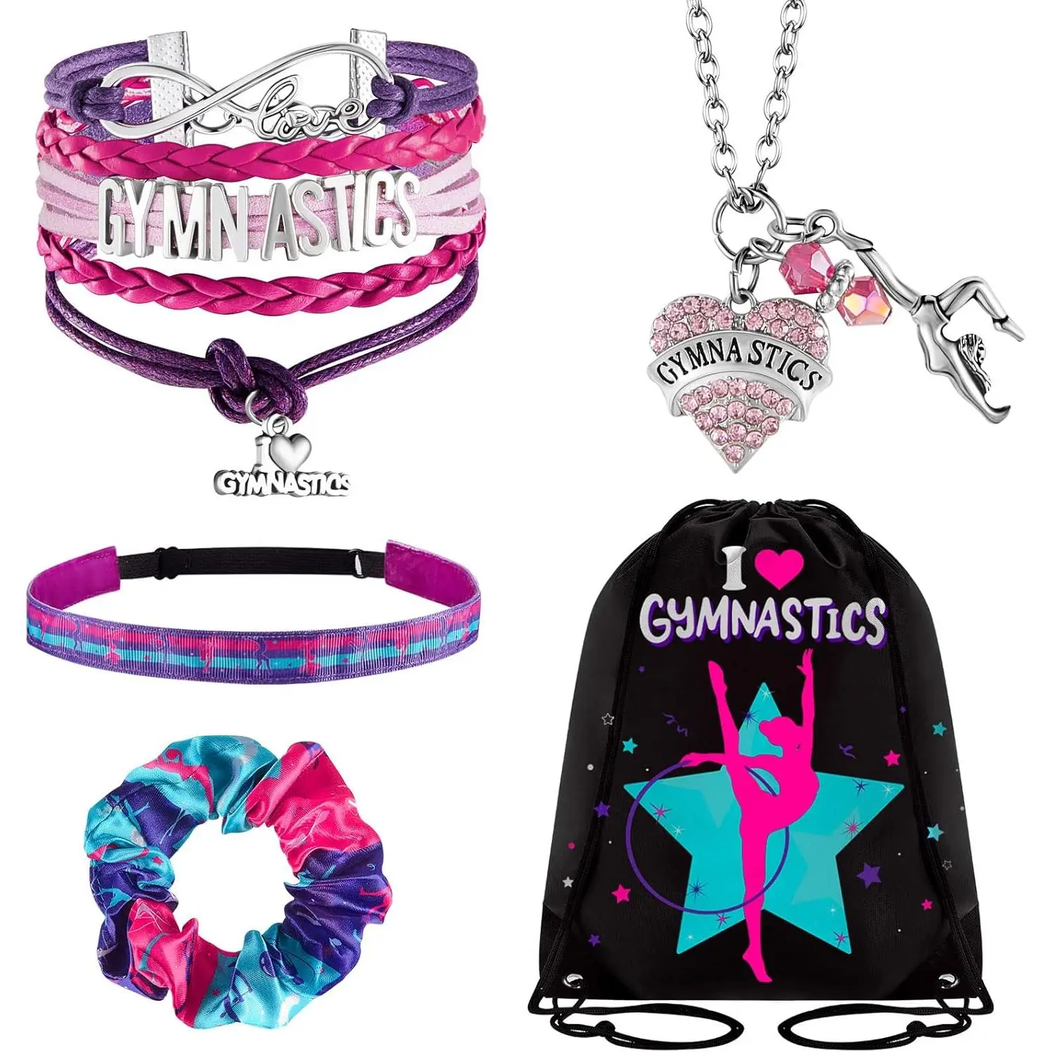 5 Pcs Gymnastics Gifts for Girls Kids Gymnastics Stuff Drawstring Bag Headband Bracelet Necklace Scrunchies Gymnast Party Favors for Youth Boys Kids