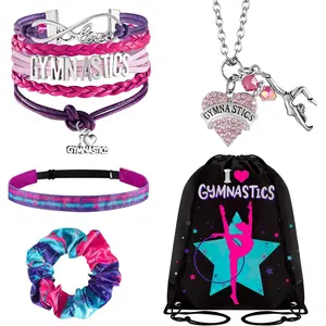 5 Pcs Gymnastics Gifts for Girls Kids Gymnastics Stuff Drawstring Bag Headband Bracelet Necklace Scrunchies Gymnast Party Favors for Youth Boys Kids