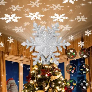 Lighted Christmas Tree Topper with 6 Projection Modes, Built-in LED Rotating 3D Projector Lights, Silver Snowflake Decorations for Xmas Party Holiday Decor