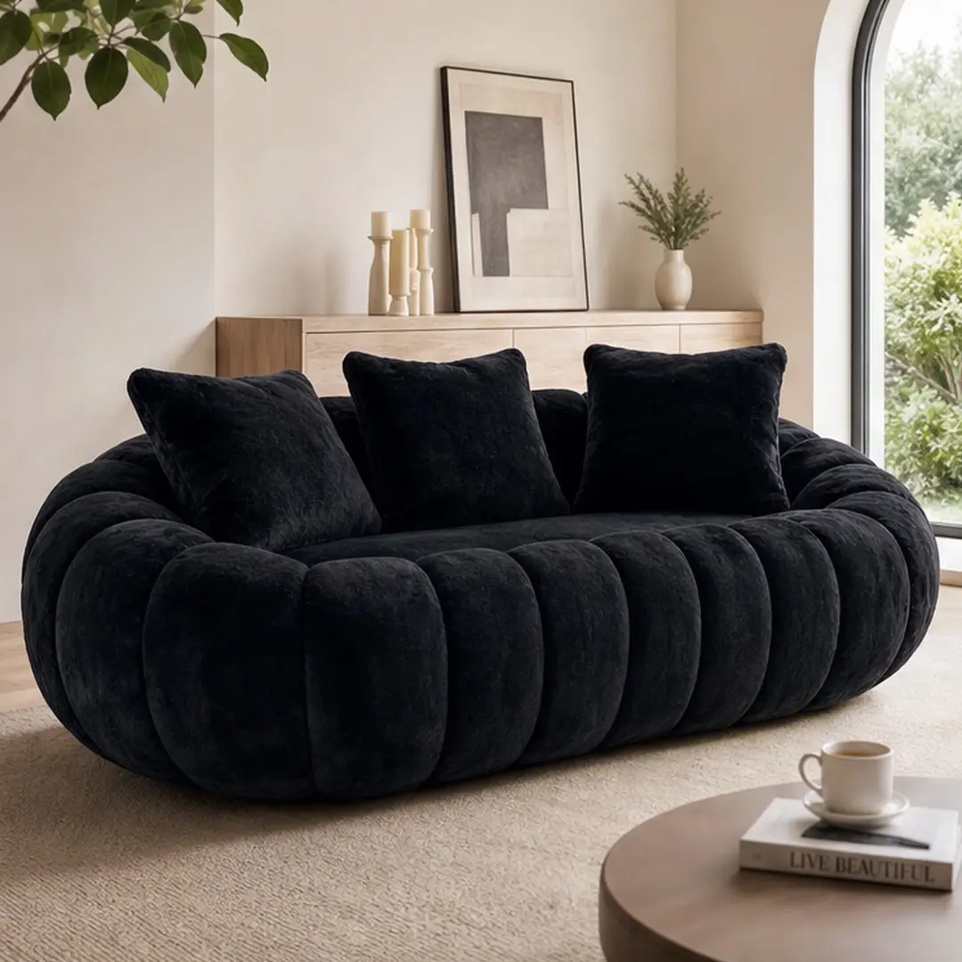 ARCH Floral Shaped Loveseat Ultra Soft Faux Fur Couch Two Seater Sofa for Living Room Bedroom Black Beige Gray Options Medium-Soft Cushion Back Rolled Arms Foam Filled Heavy Duty 42.7Wx75.5Dx25.3H in, Beige/Black/Gray Color Options