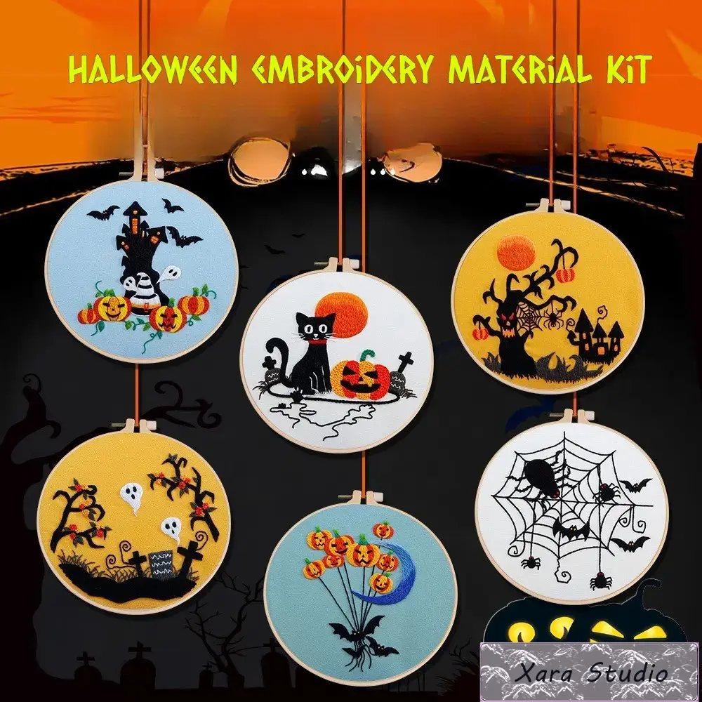 DIY Halloween Embroidery Kit for Beginners – Pumpkin Bat Ghost Cross Stitch Craft Set, Cute Spooky Hand Embroidery Starter Kit with Full Stitch Threads & Hoop, Printed Pattern Guide (English Included), Relaxing Fall Needlework Art for Home Decor, Party De