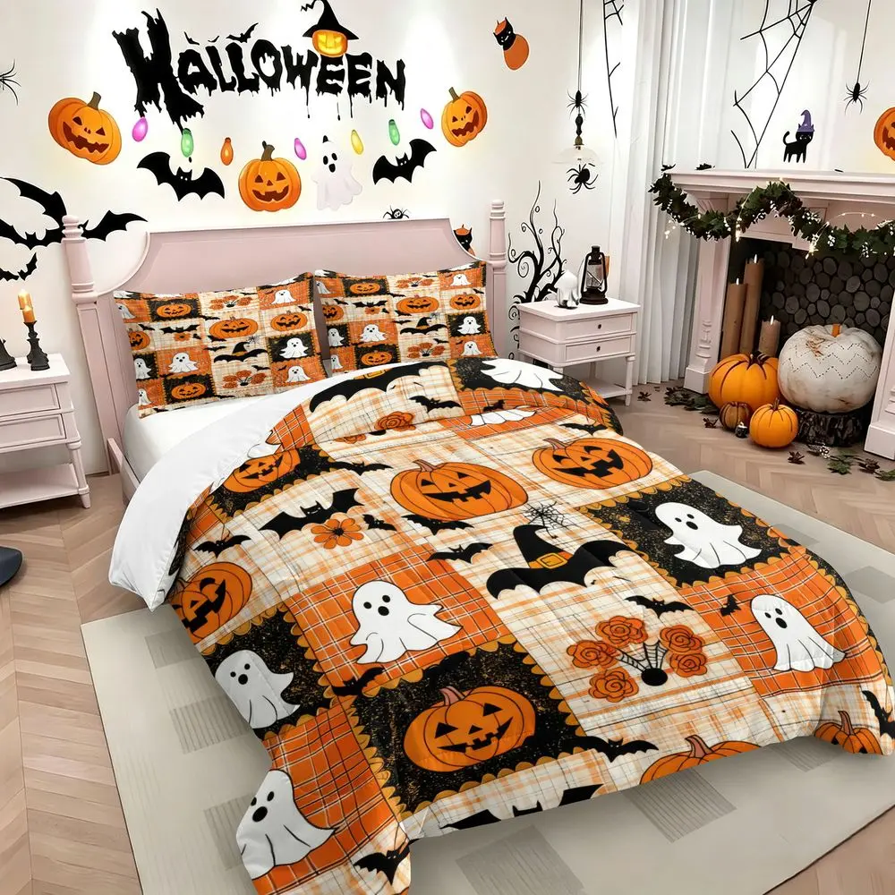 2/3Pcs Halloween Comforter Set Pumpkin Ghost Bedding Set Soft Quilt with Pillowcase Spooky Fall Theme Bedspread for Kids Adults Bedroom Seasonal Home Decor Gifts No Pillow Core