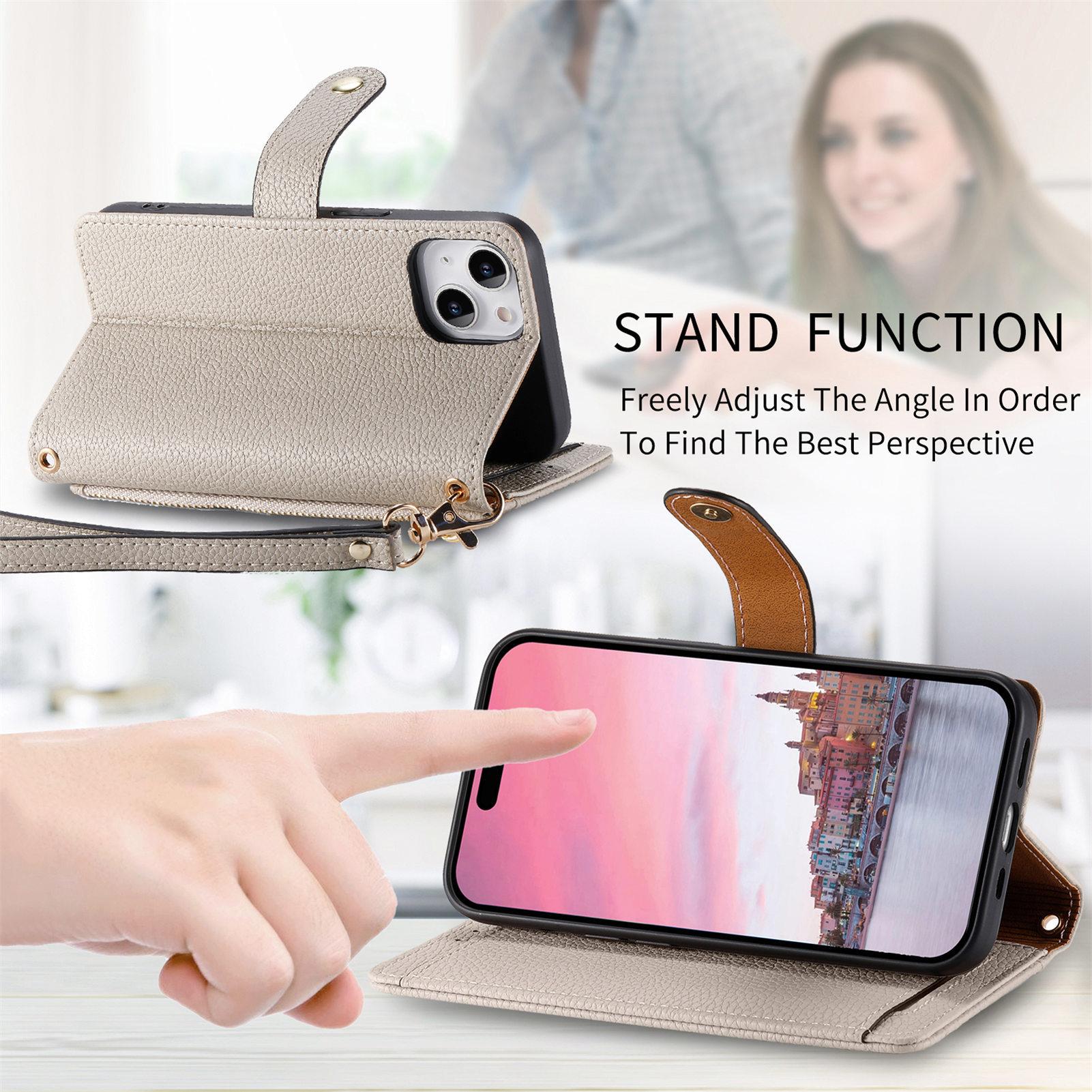 Lychee Texture Zipper Wallet Case with Detachable Strap| [Color] For phone  11 12 13 14 15 16 17