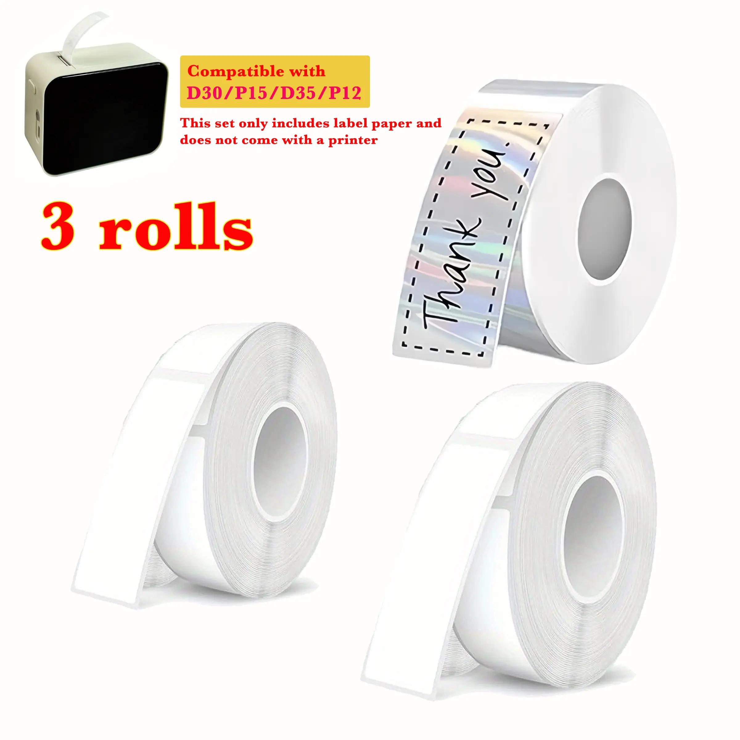 3 Rolls Thermal Printer Paper, Self-Adhesive Waterproof Labels, Thermal Printing Labels, P12/p15/d30/d32/d35/p50/q30, 12x40mm, 2 + 1 Laser