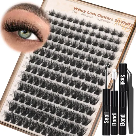 156-Piece Fluffy Eyelash Extensions, Mixed Length 8-16mm, D Curl, 3D Layered Dense False Lashes, DIY Kit with Adhesive & Tweezers, Volume Lash Clusters