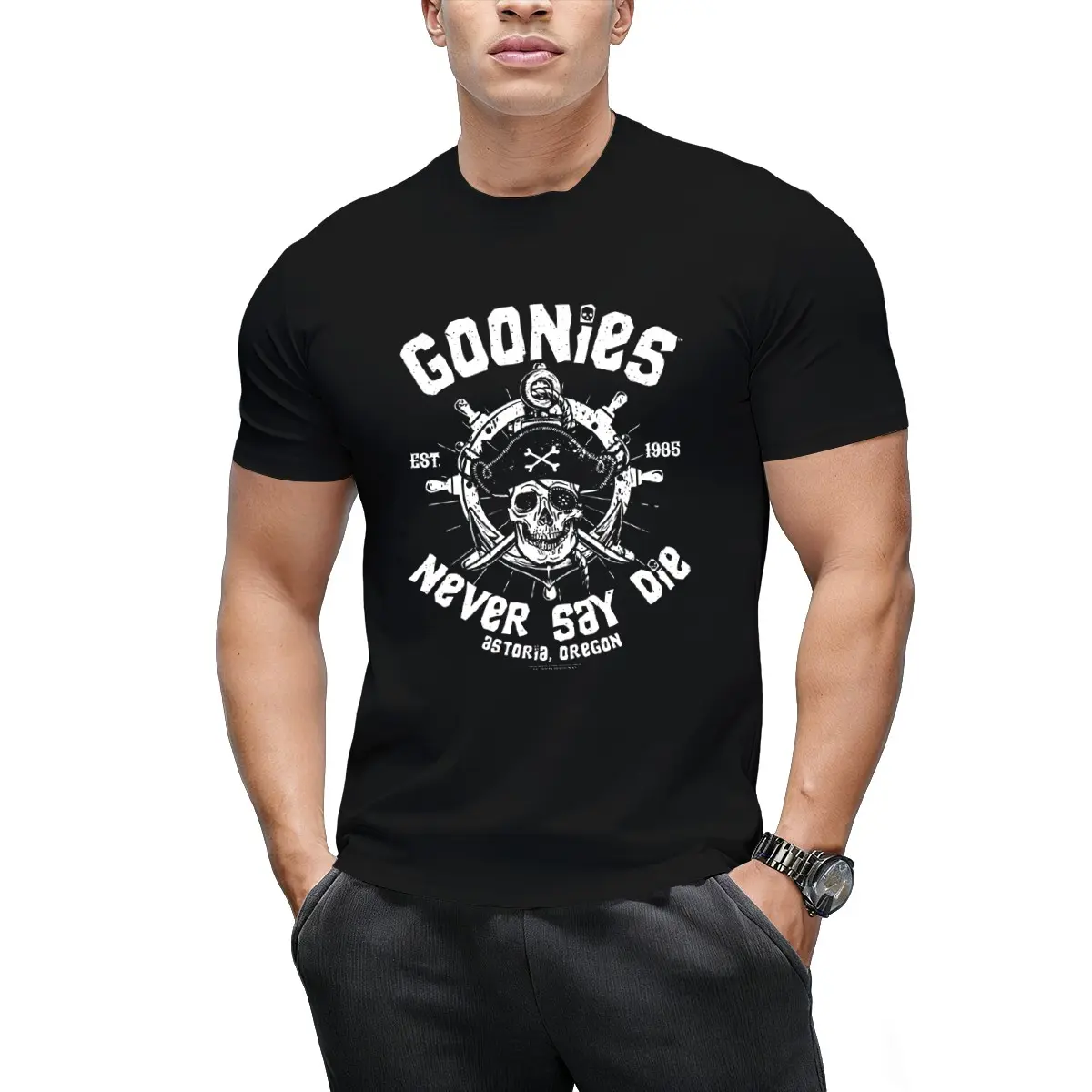 Unisex Black Cotton Crew-Neck Short-Sleeve Sports Top, Vintage Pirate Skull Ship-Wheel Distressed Print, Casual Wear Multi-Size Soft Street-Wear Tee, Hand Wash Ok