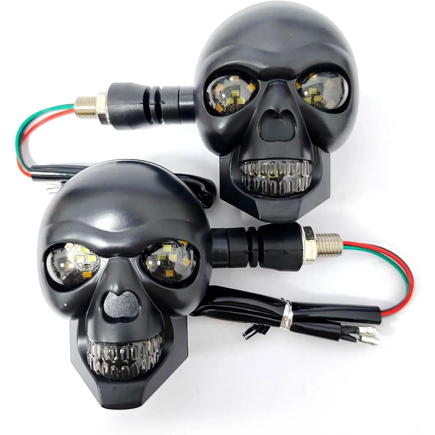 2PCS LED Motorcycle Blinking Lights, Waterproof Plastic Skull Head Warning Decoration, 10 mm Screws Turn Signal Blinkers Indicator Replacement Part (White for Constant On, Yellow for Turning)