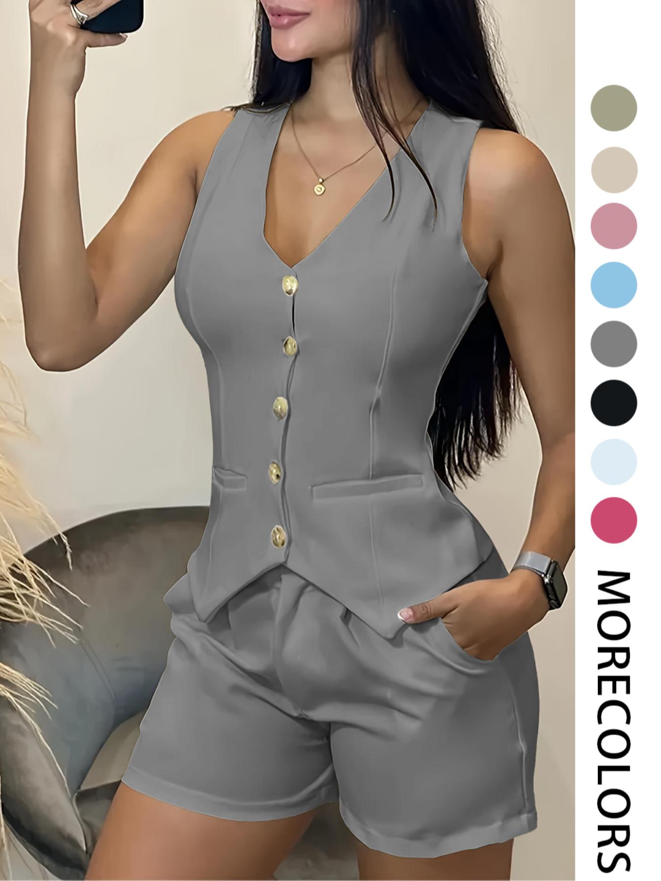 Women's Solid Color Fitted Tank Top & Shorts, Casual Sleeveless Top & Shorts for Daily Wear, Ladies Clothes for All Seasons, Office Siren Outfits, Cute Summer Outfit