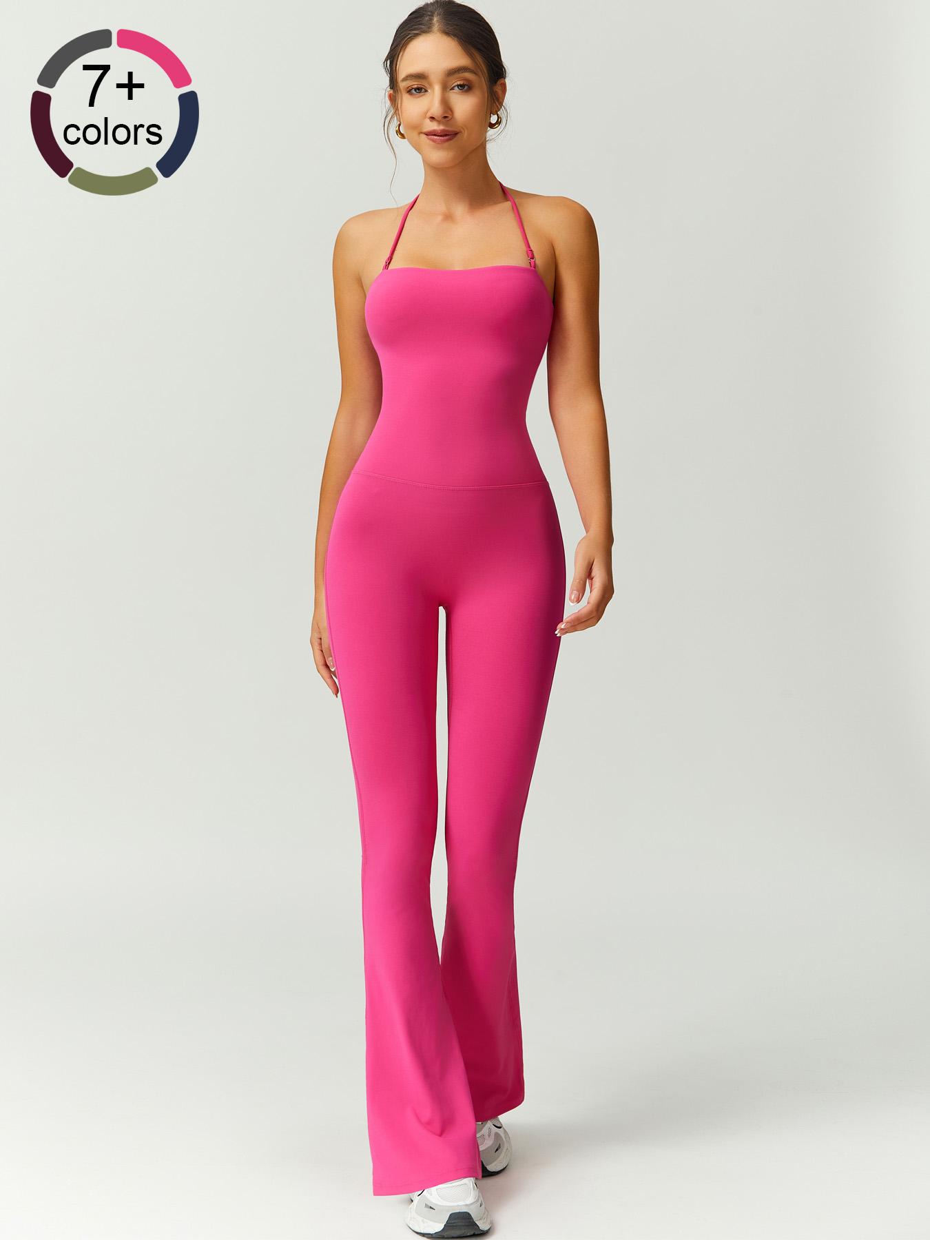 Women's Solid Color Flare Leg Sports Jumpsuit, Casual Comfy Breathable Jumpsuit for Yoga Gym Workout, Ladies Sportswear for Summer, Sportswear Jumpsuits