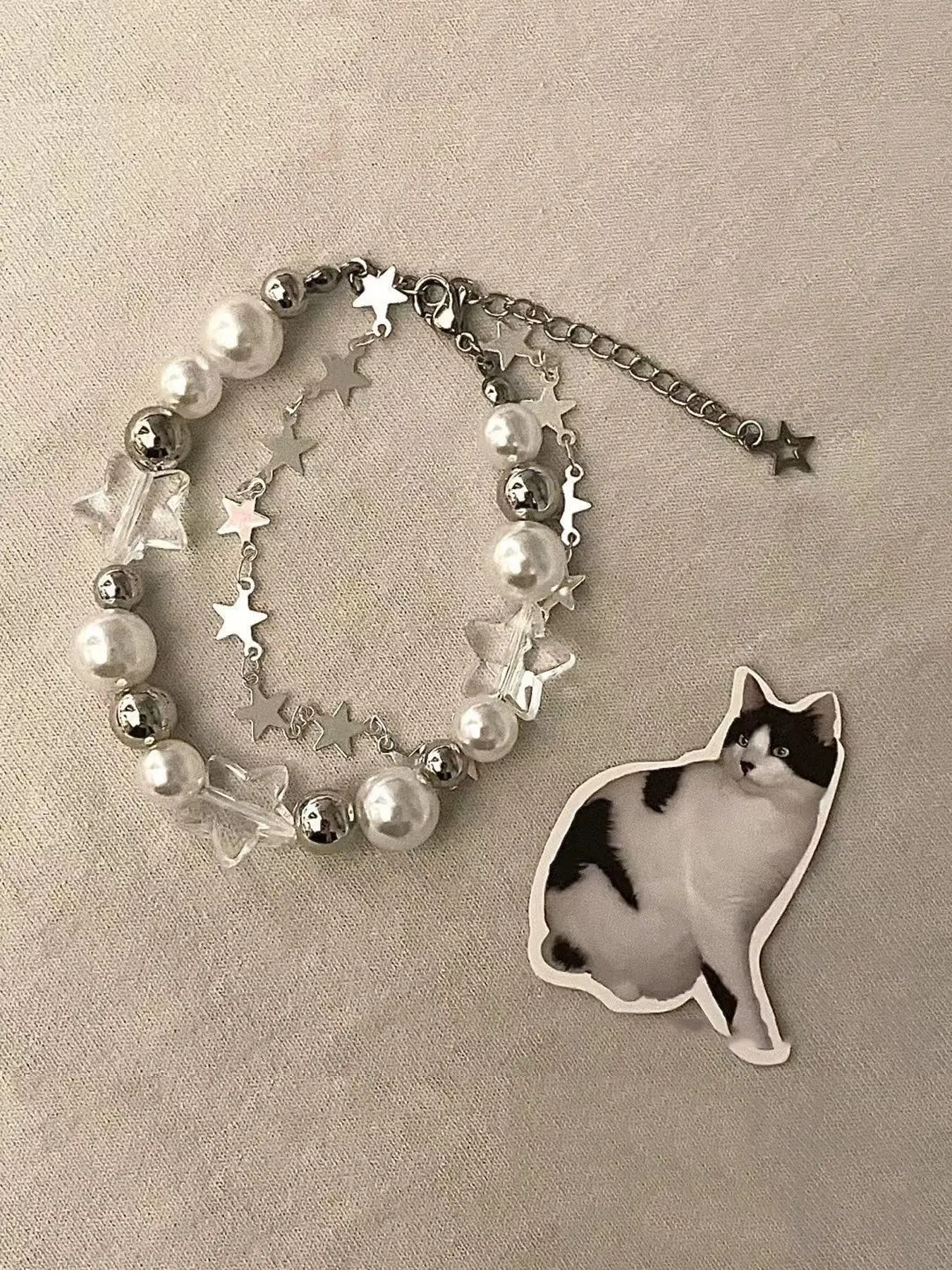 Y2K Trendy Cow Cat Beaded Imitation Pearl Star Design Bangle, Casual Double Layer Women's Bracelet, Party Birthday Gift