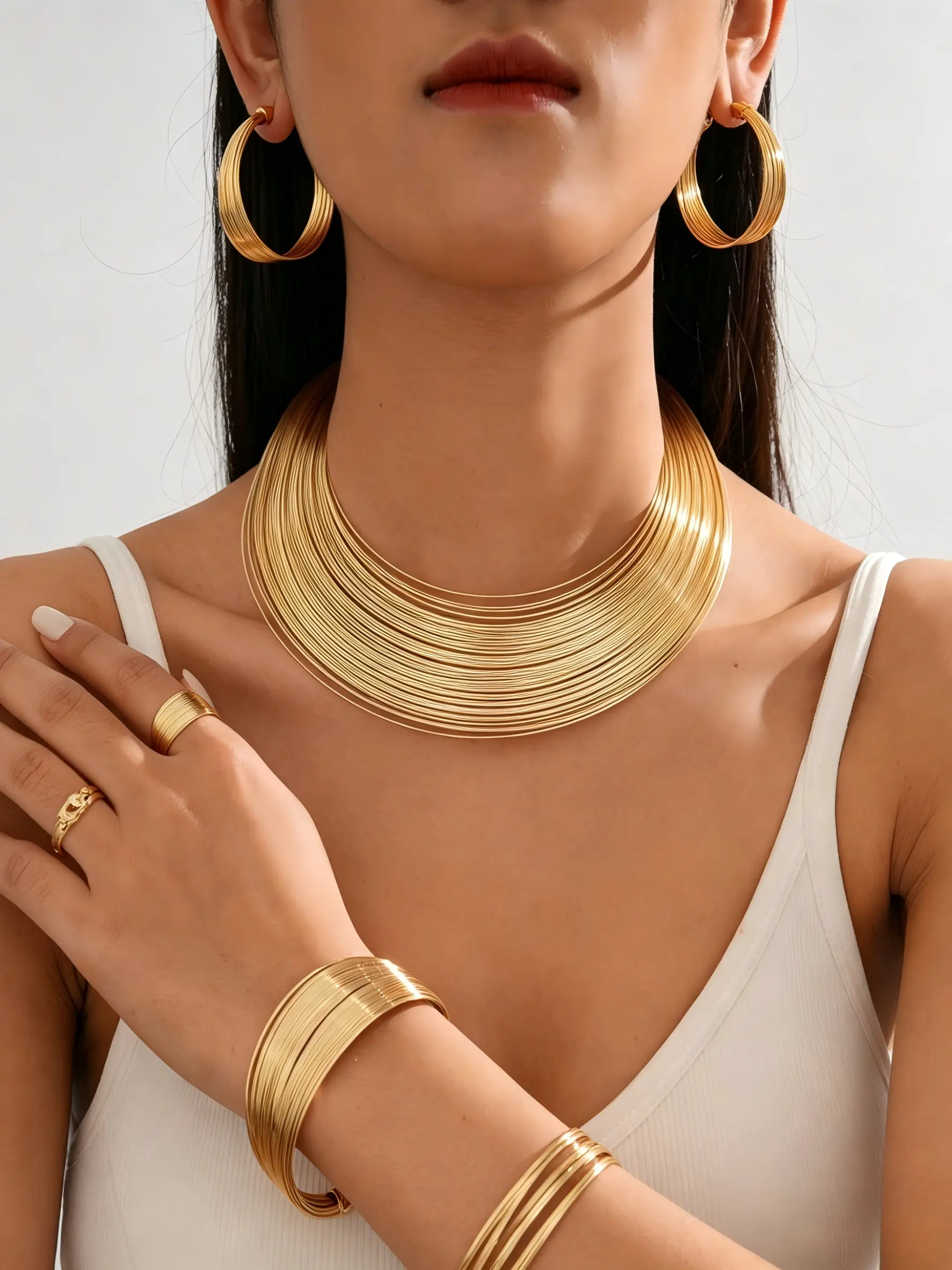 4-Piece Set Geometric Open-Back Necklace Bracelet Earrings Ring Jewelry Kit for Women, Beach Party Punk Style Accessories, Jewelry Sets