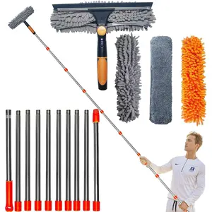 2 in 1 Rotatable Window Cleaner Duster Squeegee 20ft+ Reach with 3-14ft Extension Pole & 3 Pads for Indoor Outdoor Window Car Glass Cleaning