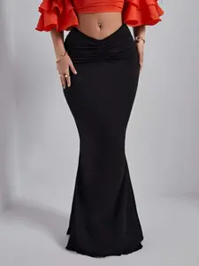 Women's Plain Ruched Lettuce Trim Mermaid Skirt, Bodycon Skirt, Casual Fashionable Skirt, Elegant Chic Fashion V-Waist Maxi Skirt for Daily Outdoor Wear, Casual Streetwear Skirt, Ladies Bottoms Womenswear for All Seasons