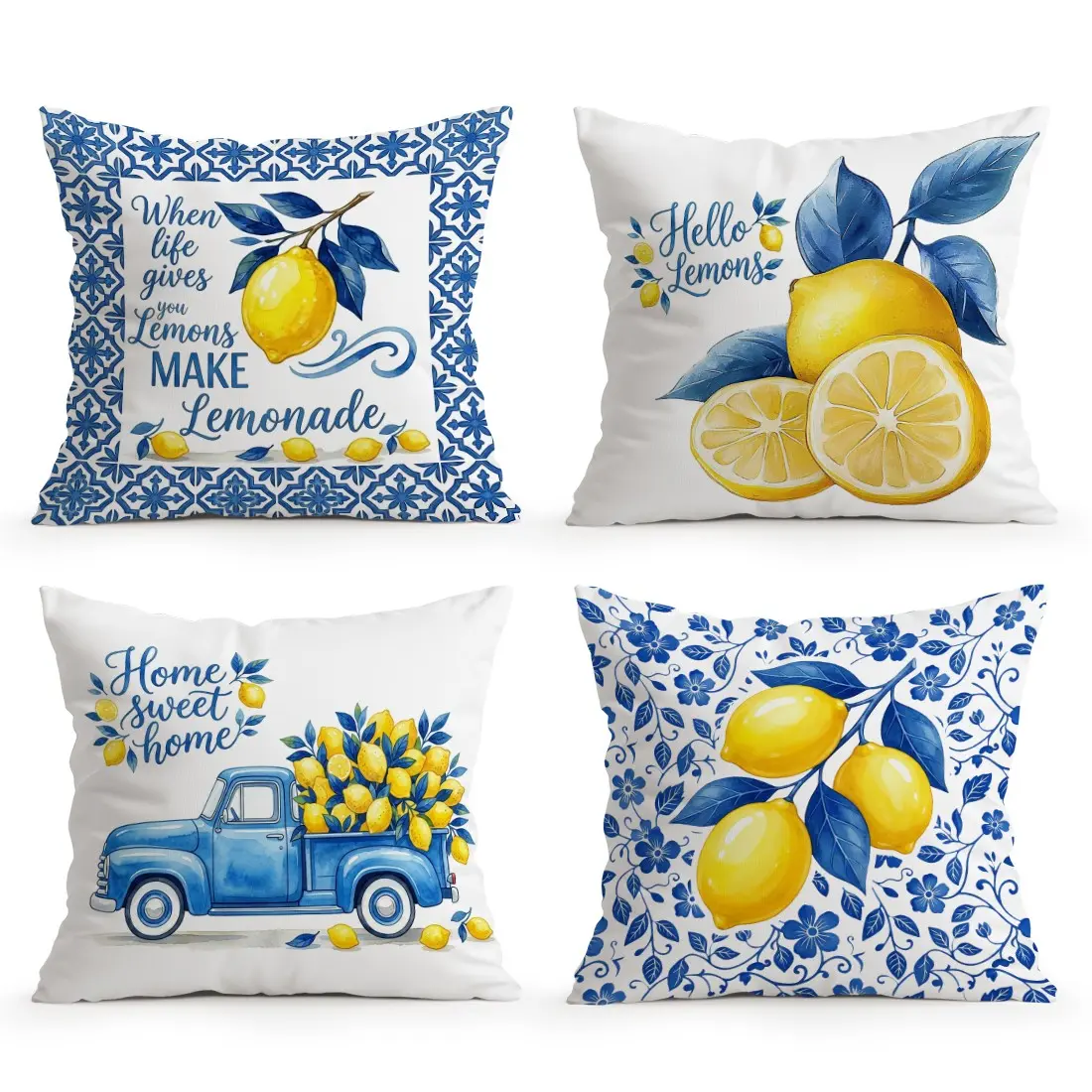 4pcs Lemon Text Pattern Cushion Covers, Single-Sided Print, Home Decor for Living Room Bedroom, All Seasons, No Inner Pillow Included