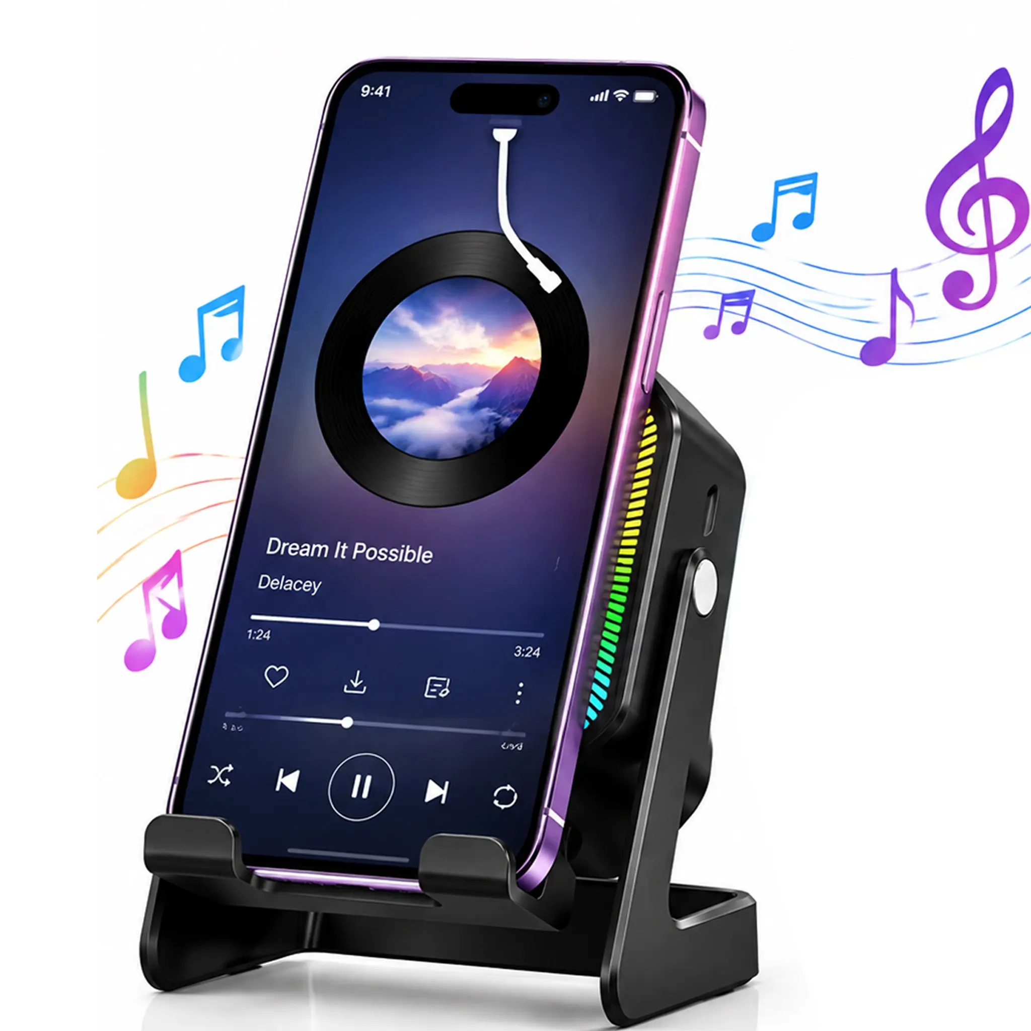 Wireless Induction Speaker with Phone Stand, 4-in-1 Bluetooth-compatible Speaker Stereo Sound, 1500mAh Rechargeable, 6 RGB Light, 360° Adjustable Holder for iPhone/Android/iPad, Gifts for Men Women, Multifunctional Speaker