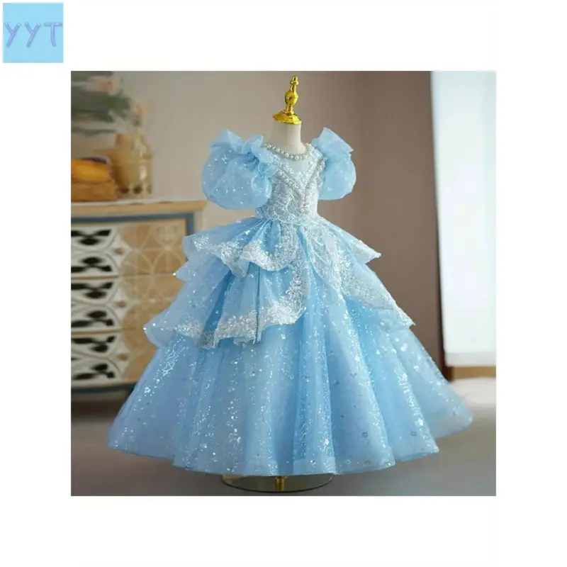 YYT1 Girl’s Princess Dress - Blue Tulle Skirt, Ruffled Sleeves, Round Neck, Party Wear, Princess Look for Birthday Recitals & Formal Events