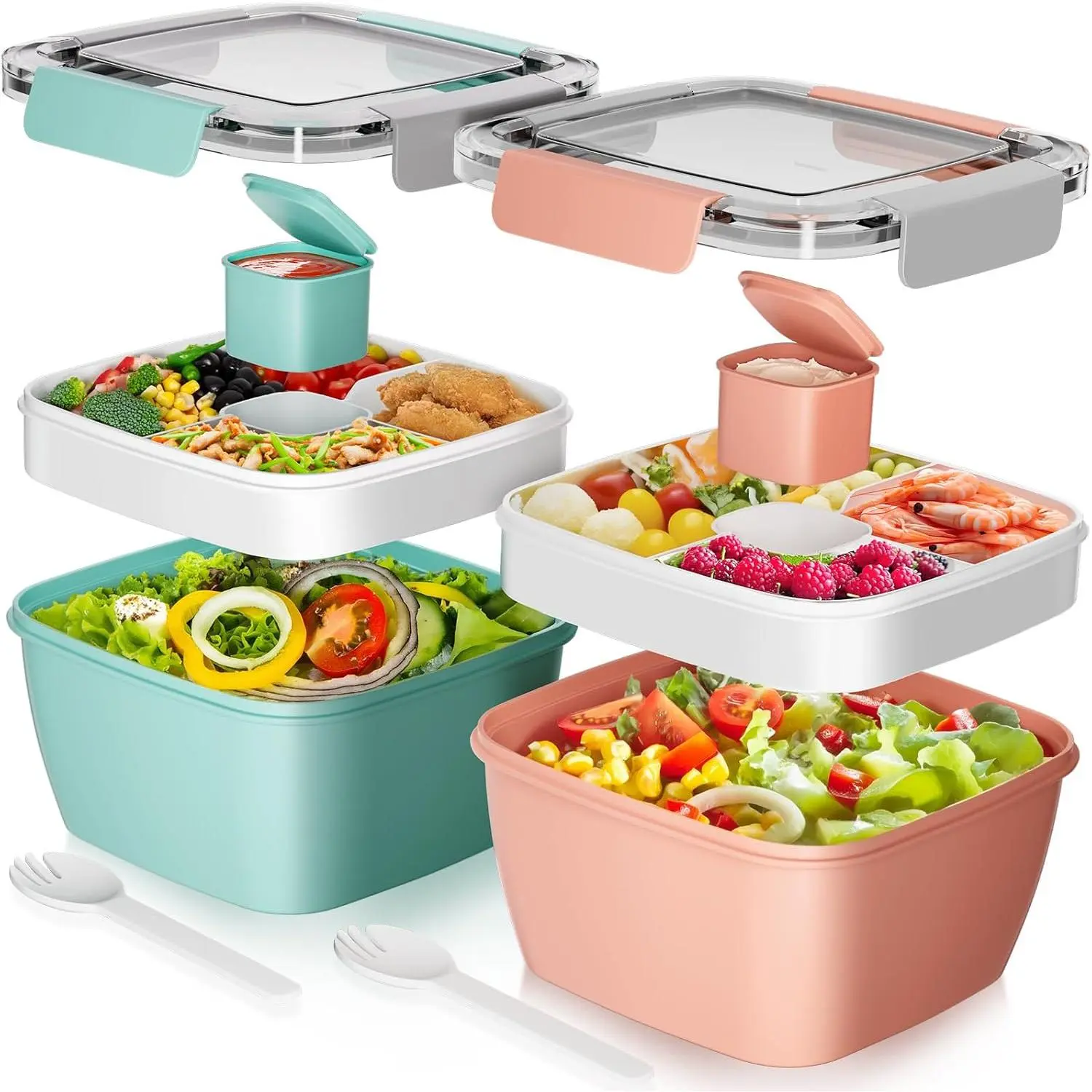 Salad Lunch Box, 2Pack Bowls with 3 Compartments, Leak Proof with Fork & Sauce Container - Green+
