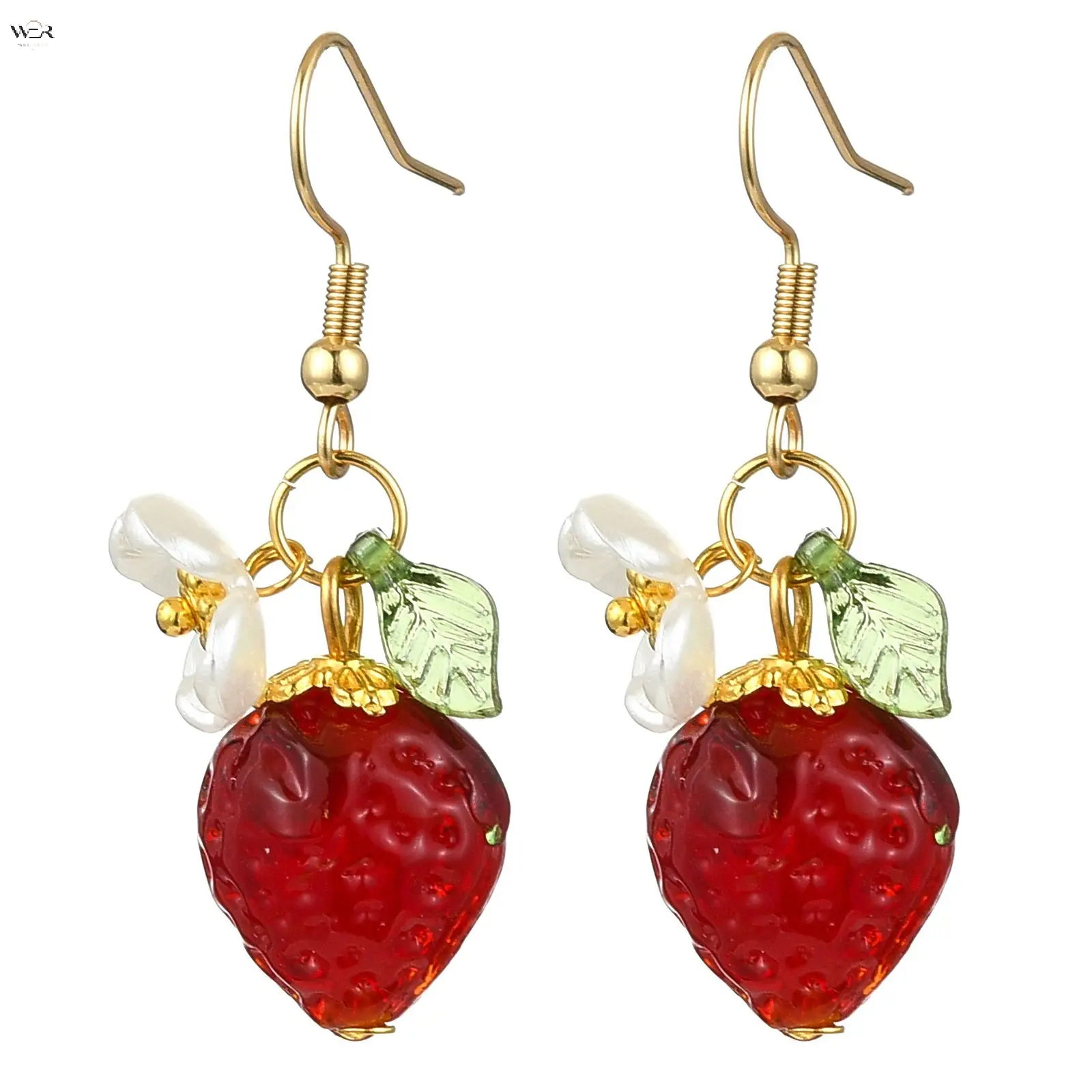 Women's Cute Fruit Drop Glass Earrings - 42.5mm Total Length, 13.5mm Hook Width, Gold Fish Hook, White Flower-Green Leaf Accent, Glass Charm, Acrylic Drop Shape Costume Jewelry for Casual Outfits, Daily Wear