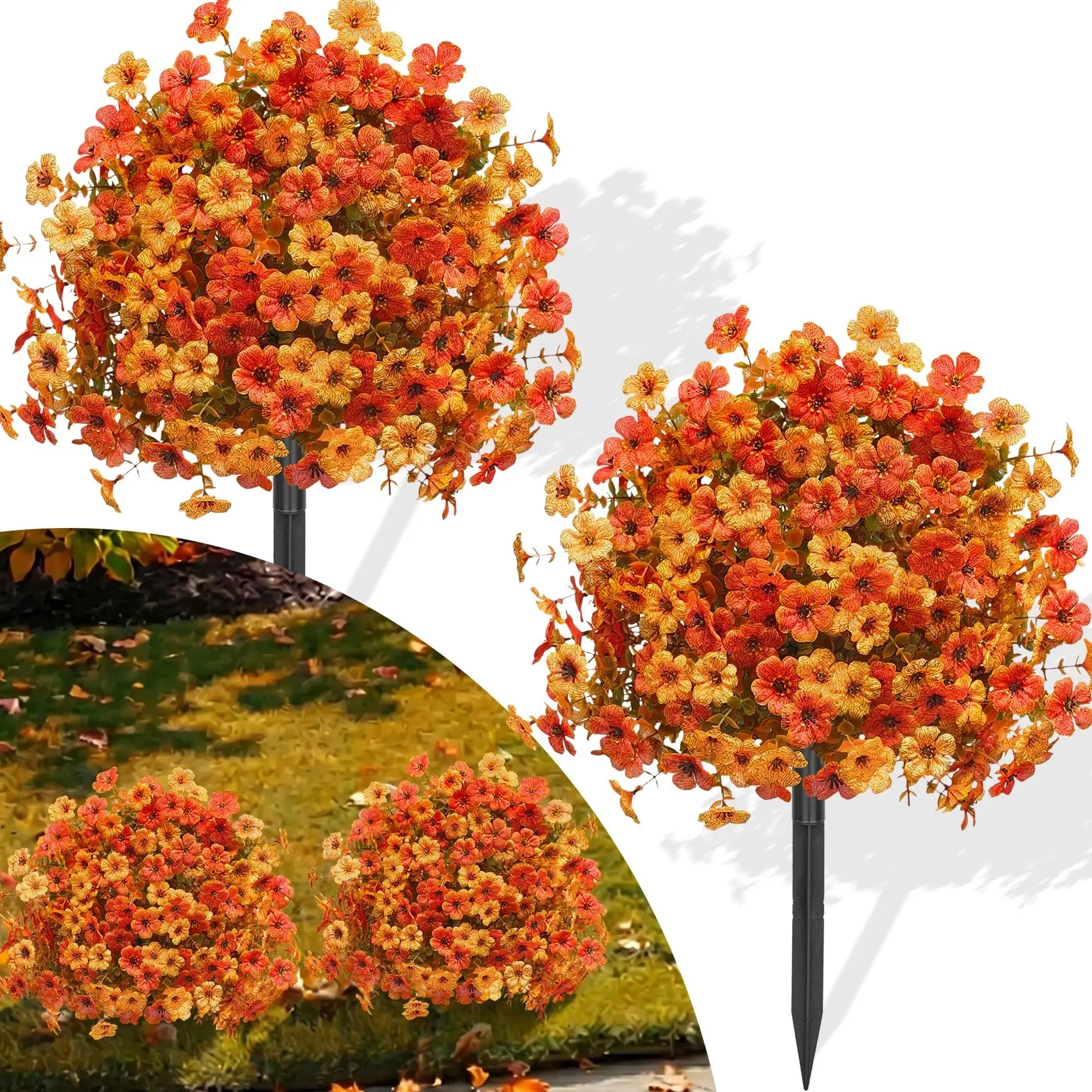 2 Pcs 23" Artificial Fall Topiary Balls Flowers, Mixed Orange | Fake fall flowers with ground stakes, UV resistant, no maintenance, for autumn outdoor porch patio yard planter home decor