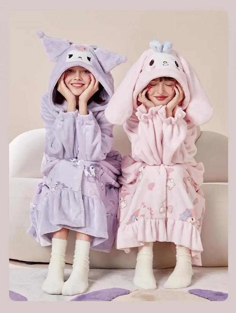 Kawaii My Melody Women Plush Pajamas Robe Set Homewear Cartoon Winter Long Style Thickened Nightgown Pants Anime Sweet Cartoon