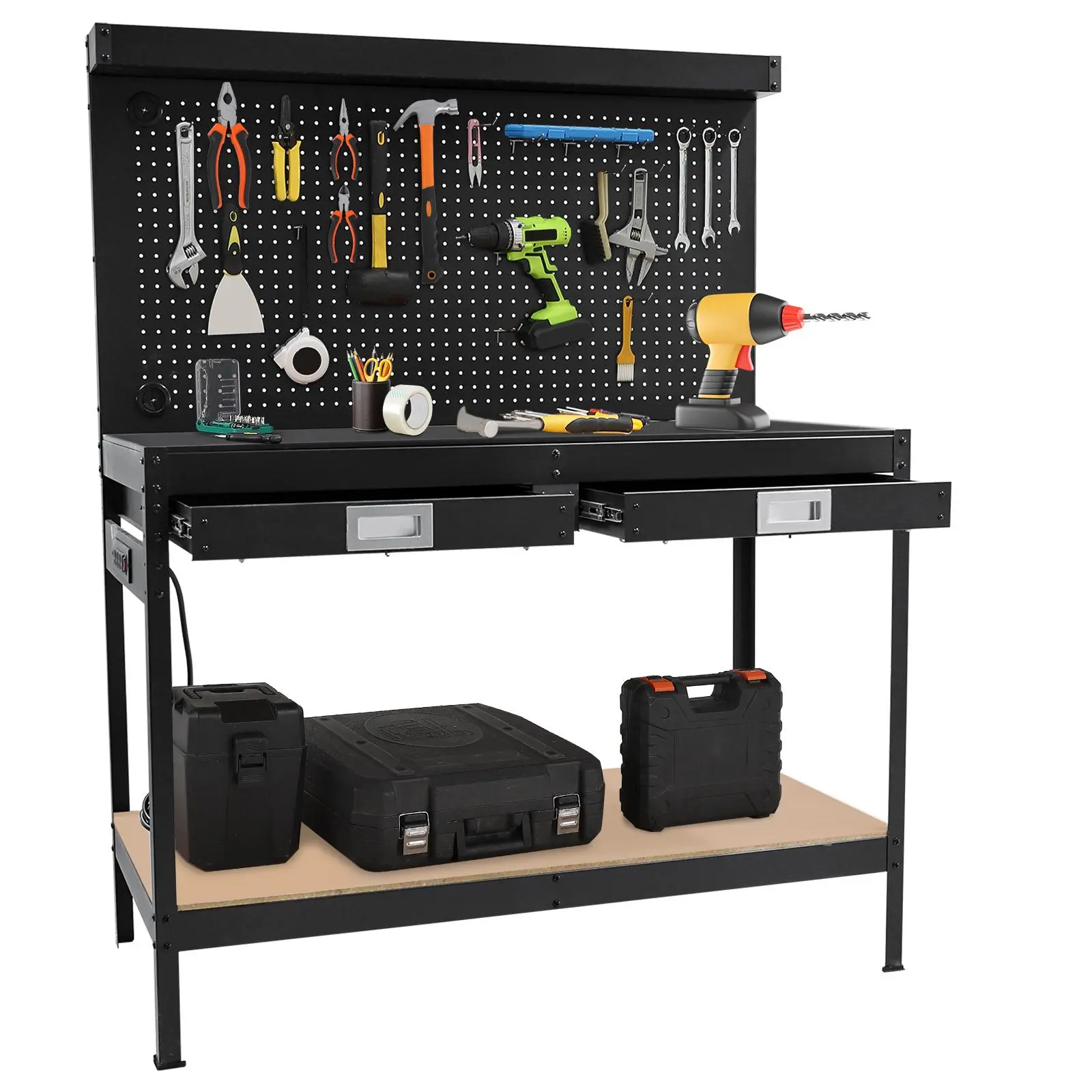 48" Workbench, Heavy Duty Steel Tool Storage Work Table with 2 Drawers and Shelf, Multifunctional Garage Work Bench with Pegboard