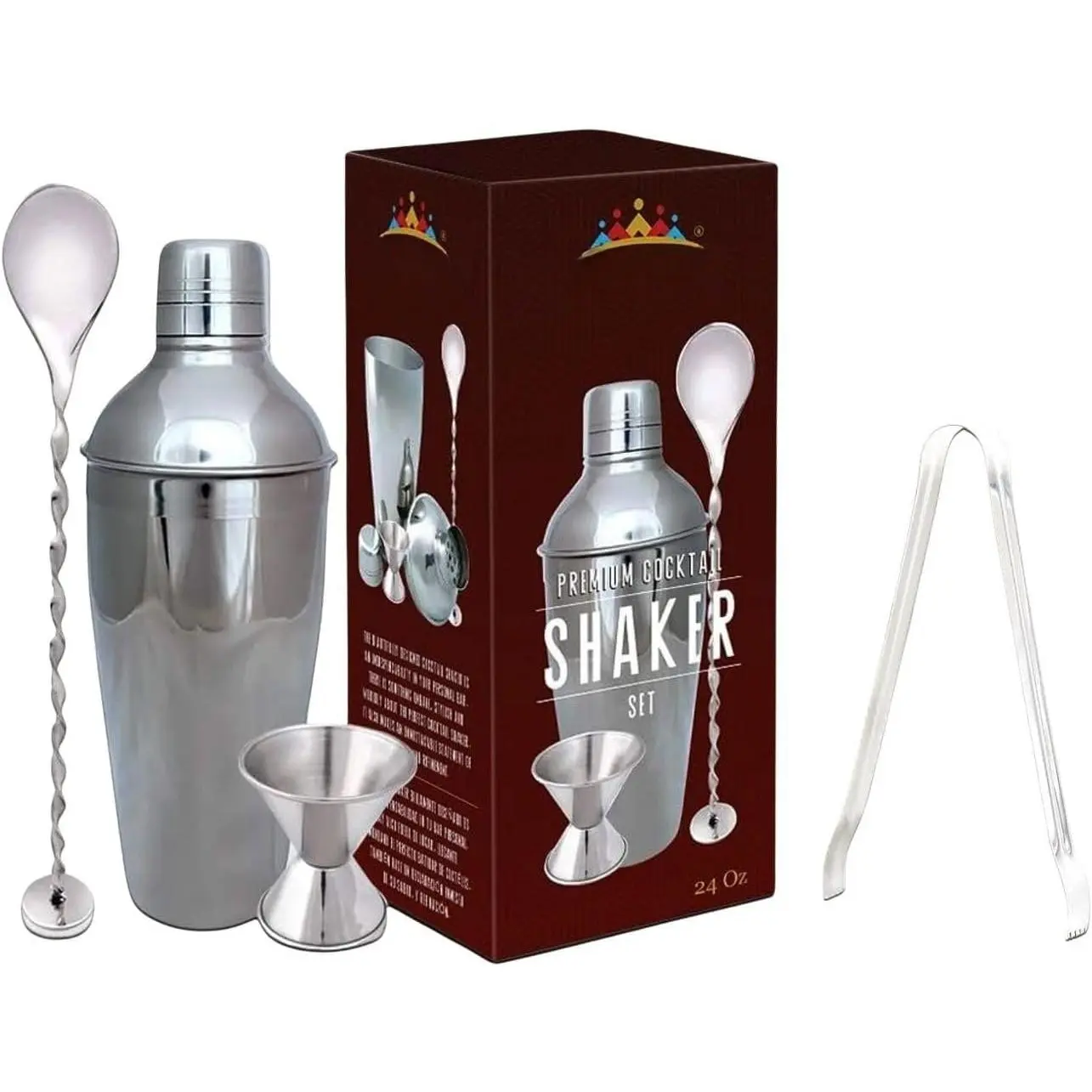 Shaker 24Oz 4 count Set  - Professional Bartender Kit for  & Bar with -in Strainer, Measuring Jigger, Mixing Spoon & Ice Tong -  304 Stainless Steel Martini Shaker Set