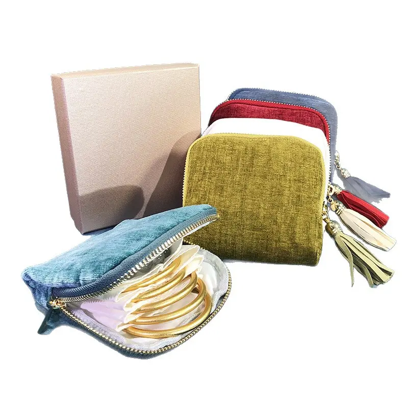 jewelry zippered pocket case Travel Jewelry Bag Portable Organizer with 5 Compartments Velvet Satin Lining Tassel Zipper for Rings Bracelets Necklaces Tassel Bag Boxes-YY2