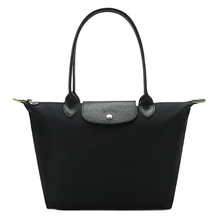 Longchamp Le Pliage Green 28 Foldable Tote Bag for Men and Women, Eco-Friendly Canvas with Leather Trim, Dumpling Style, Black