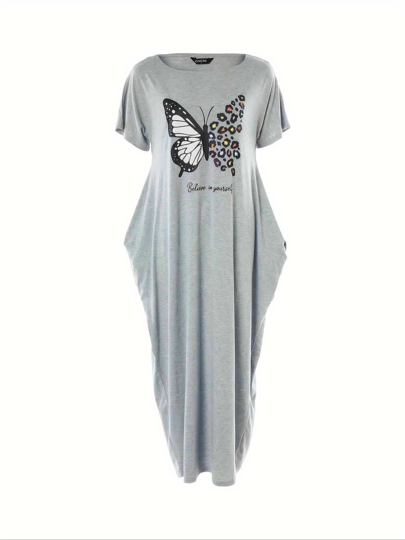Women's Butterfly Print Round Neck Nightdress, Casual Soft Comfortable Short Sleeve Nightgown for Daily Wear, Ladies Sleepwear for All Seasons, Casual Comfy Nightdress