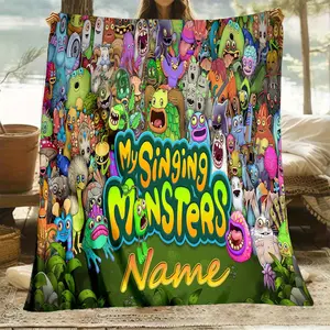 Custom Name My Singing Monsters Full Monster Collage Fleece Throw Blanket, Personalized Kids Soft Blanket for Sofa Bed Nap Travel Camping Car, Cute Monster Musical Game Custom Gift