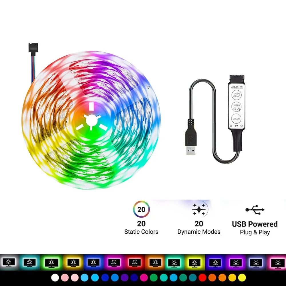 3-Button RGB LED Strip Light (USB-Powered), Adjustable Brightness, Dimmable Led Lighting, Dynamic Effects, Ideal for TV Backlight, Bed, Monitor, Ceiling Decor