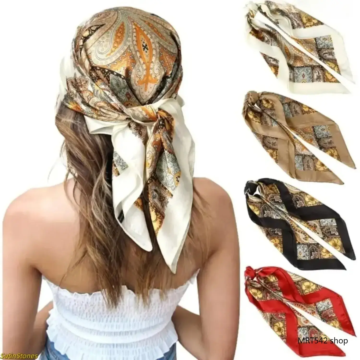 4-Piece 27-Inch Women's Satin Silk Square Headscarf Elegant Soft Bandana Hair Scarf Head Wrap Motif Print Satin Lined Versatile Neckerchief for Daily Styling Date Night Scar Coverage