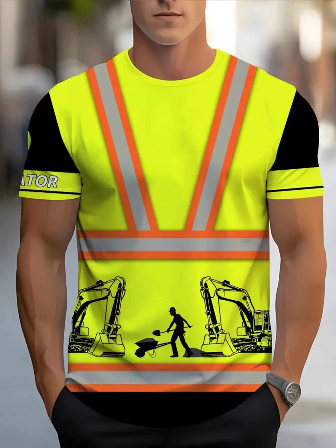 Men's 3D Excavator Print T-Shirt, Soft Polyester Summer Short Sleeve, Neon &, Breathable Comfort, Casual Outdoor Wear