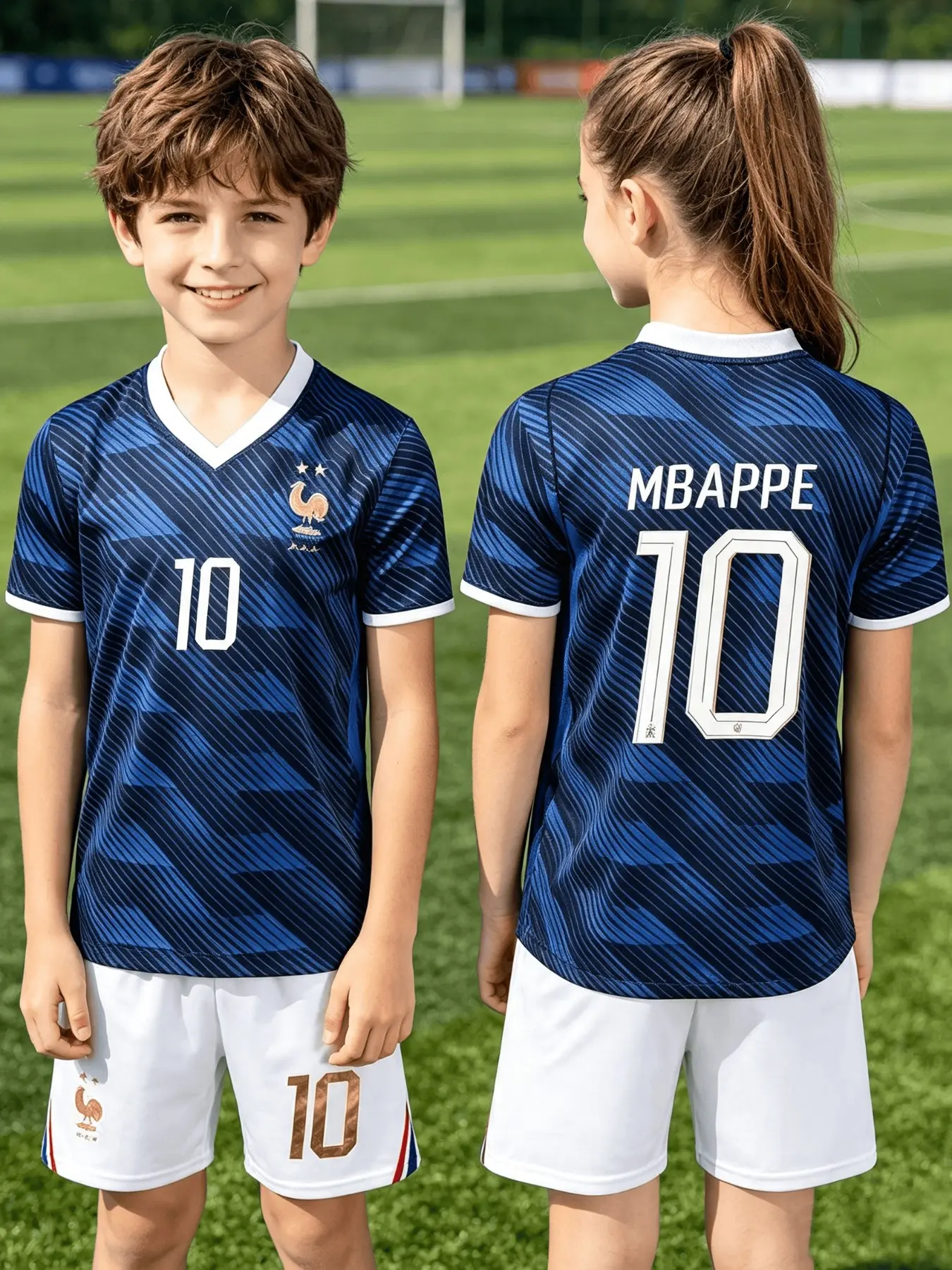 Kids Football Set, Mbappé 10 Stripe Blue, Unisex Quick-Dry, Short Sleeve & Shorts, Training Jersey, Family Sports Gear