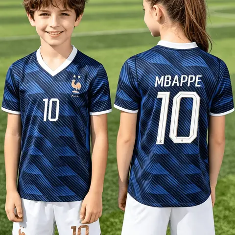 Kids Football Set, Mbappé 10 Stripe Blue, Unisex Quick-Dry, Short Sleeve & Shorts, Training Jersey, Family Sports Gear, Soccer Set