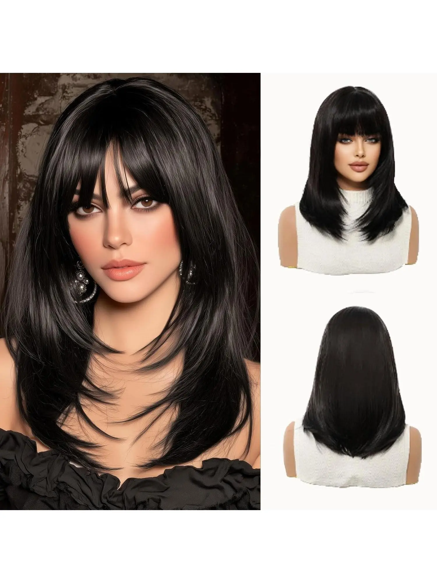 Women's Straight Wave Wig, 24 Inches, Synthetic Fiber Wig, Heat-Resistant Synthetic, Shoulder-Length, Natural Look, Daily Use, with Bangs