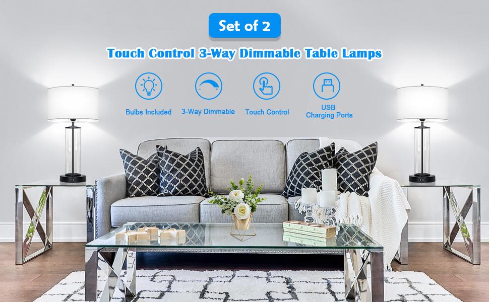 Modern Touch Control Table Lamps with 2 USB Ports for Living Room Set of 2, 3-Way Dimmable Bedside Lamps with Clear Glass for Bedroom Nightstand Hotel, LED Bulbs Included