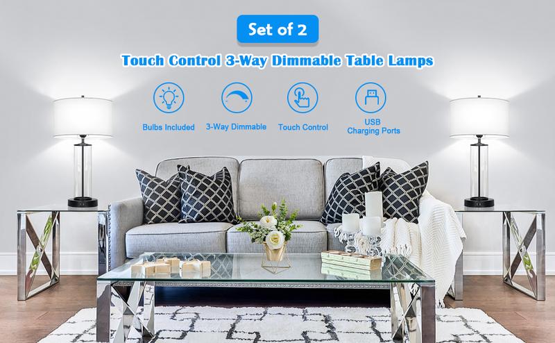 Modern Touch Control Table Lamps with 2 USB Ports for Living Room Set of 2, 3-Way Dimmable Bedside Lamps with Clear Glass for Bedroom Nightstand Hotel, LED Bulbs Included