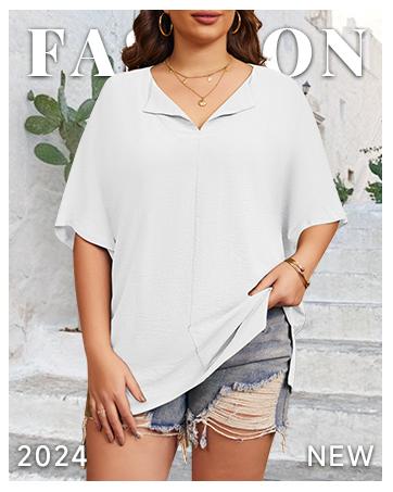 Imily Bela Womens Plus Size Tops Short Sleeve V Neck Tee Blouse Summer Loose Fit Casual Tunic Top XL-5XL
