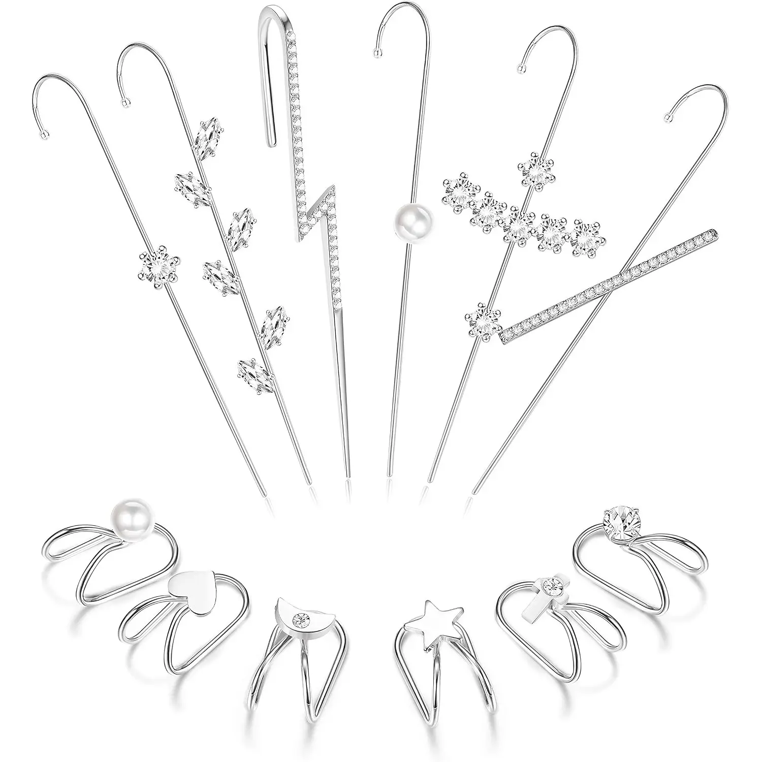 12 Pcs Ear Wrap Crawler Hook Earrings for Women Silver Ear Cuff Earrings Climber Piercing Ear Cartilage Clip On Earrings