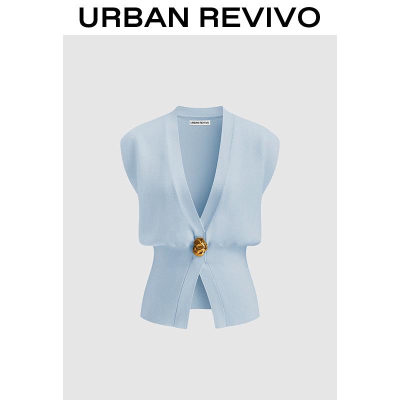 URBAN REVIVO Women Edgy Sleeveless Blazer Top - Deep V Statement Buckle for Fashion-Forward Outfit Clothing Girl Elegant Casual Comfy Vests Womenswear SpringStatements