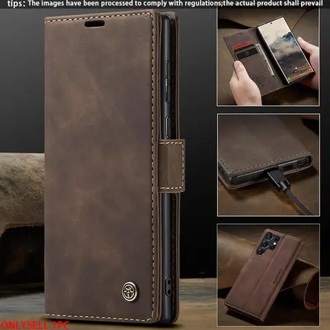 Vintage Leather Flip Cover Card Holder Stand Anti-Drop Protective Shockproof Phone Case Casing for Samsung Galaxy S26 Ultra S25 Ultra S24 Ultra S23 Ultra S22 Ultra Smartphone