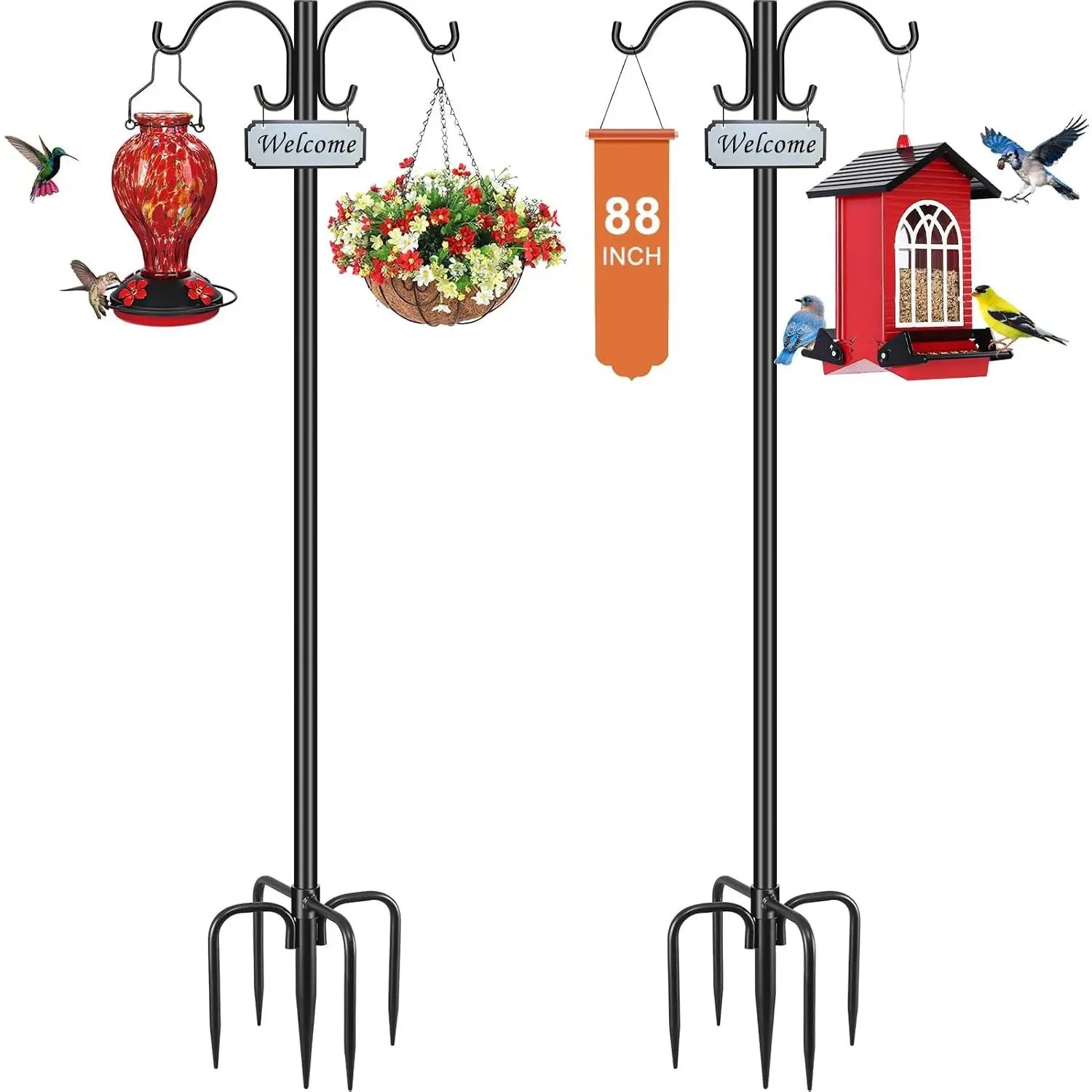 2-Pack Heavy Duty Double Shepherd Hooks Garden Accessories, 88in Adjustable 1-in Dia Metal Pole with 5-Prong Base for Hanging Bird Feeder, Plant Basket, Lantern, 88 In