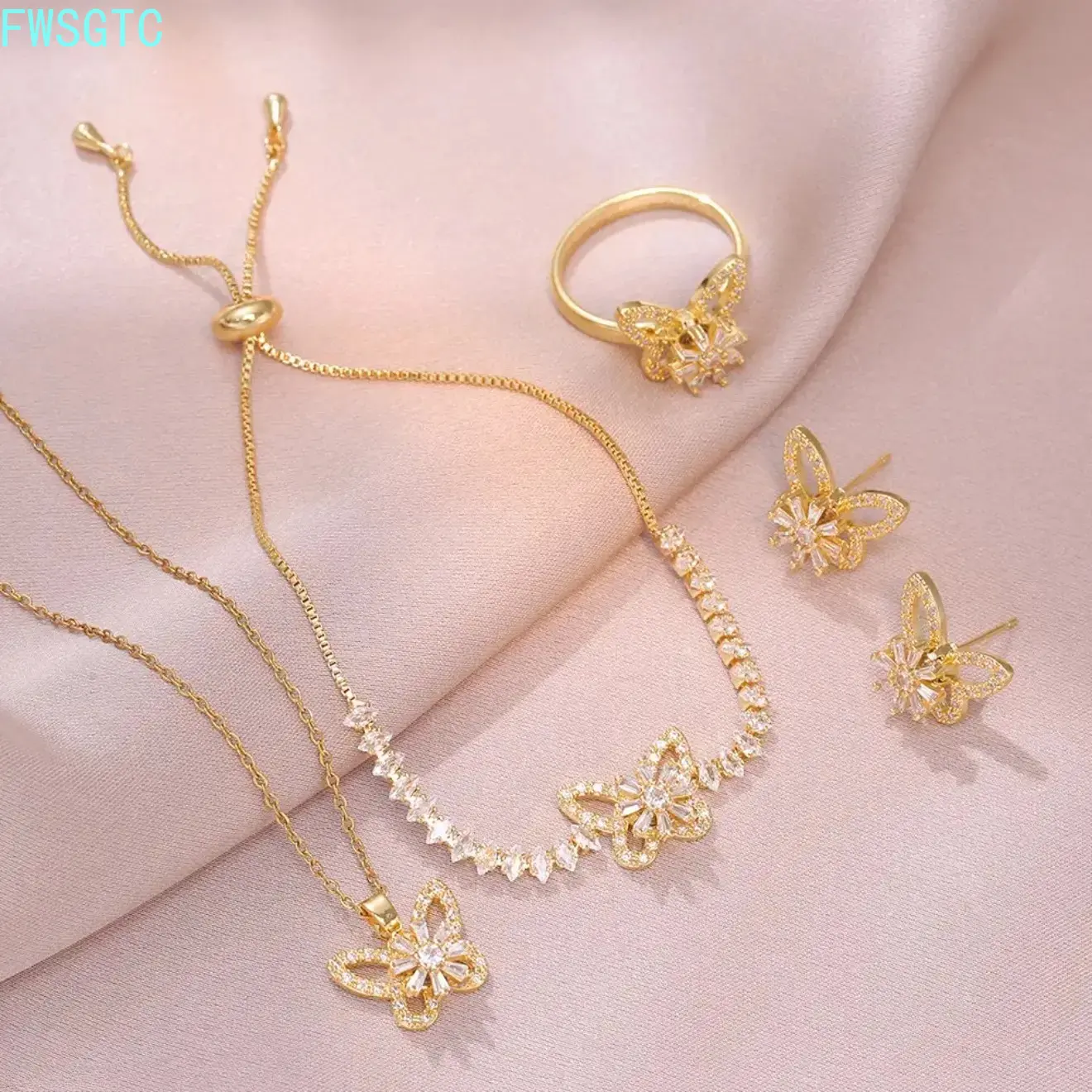4 Pack Rotatable Butterfly Jewelry Set Micro Paved Zircon Clavicle Chain Necklace Earrings Bracelet Women Daily Fashion Accessory summervibes