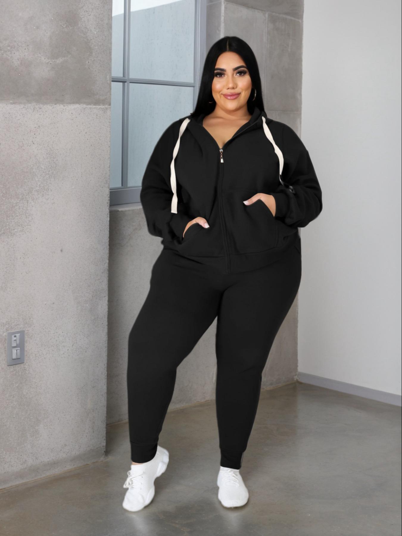 【Plus Size】 Two-Piece Set Solid Zip Up Hooded Sweatshirt & Drawstring Waist Pants, Casual Long Sleeve Hooded Sweatshirt & Pocket Trousers for Daily Wear, Women's Two-piece Outfits for Fall & Winter, Clothing Sets