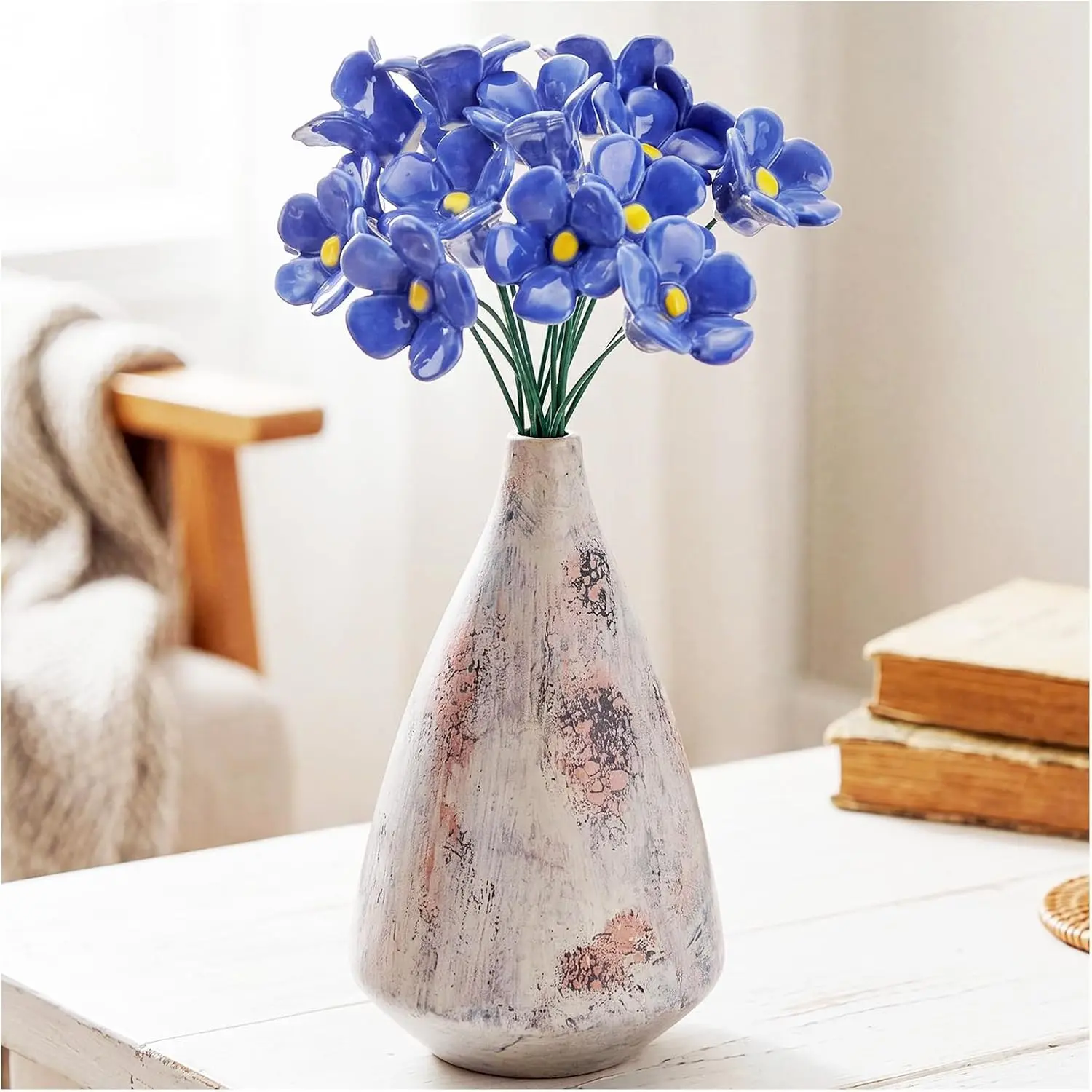 6 Pcs Ceramic Flowers, 14.6 Inch Forget Me Not Blue Porcelain Flowers with Stems, Modern Minimalist Decor for Living Room Desk Shelf, Thoughtful Teacher Gift Dorm Decor (Vase Not Included)